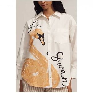 MAEVE Anthropologie Bennet Novelty Buttondown Shirt - Swan size XS
